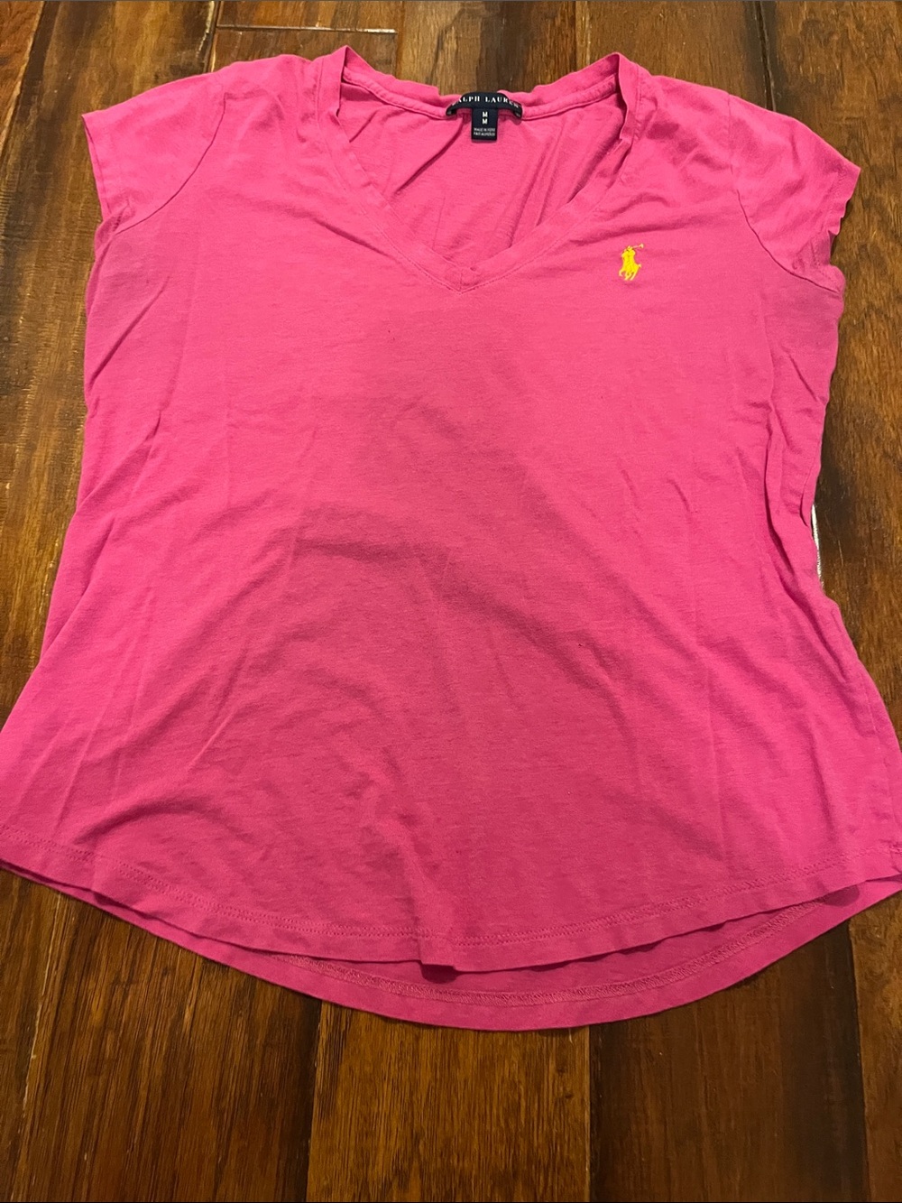 Ralph Lauren Hot Pink V-Neck Short Sleeve Tee with Yellow Logo